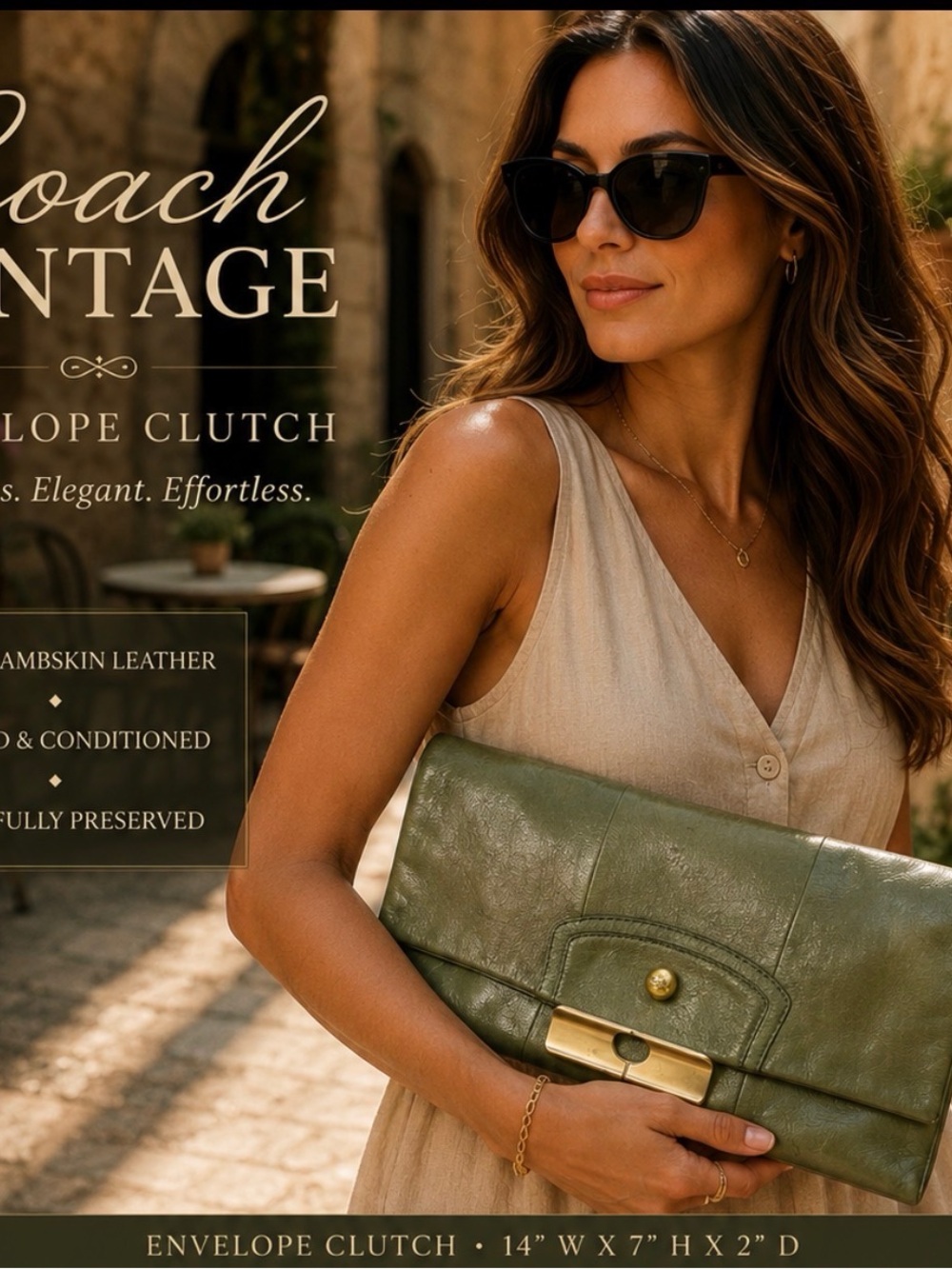 Coach Olive Green Leather Envelope Clutch with Gold-Tone Hardware